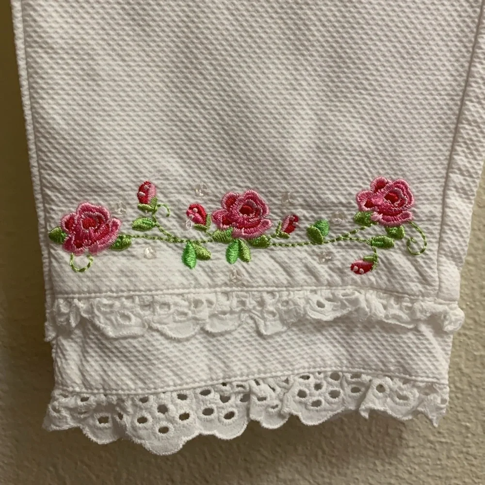 Vintage Gymboree Parisian Rose Embroidered Lace Cropped Pants Pink White Size 6